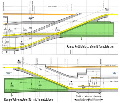 Längsschnitte Rampe Podbielskistraße (Plan A 206/204) und Rampe Vahrenwalder Str. (Plan B 212/219), 10-fach überhöht